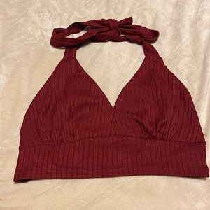 💋Sexy Rib Knit Backless Maroon Regular Fit Crop Cami Halter Top